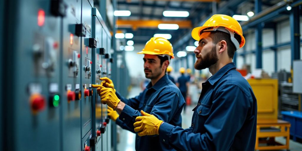 Factory workers inspecting electrical equipment for safety.