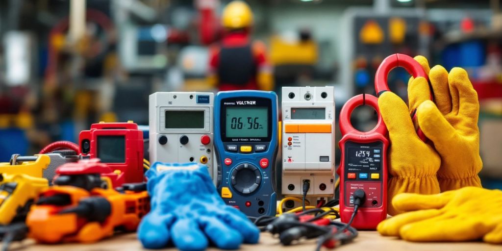 Electrical safety tools on a workbench in an industrial setting.