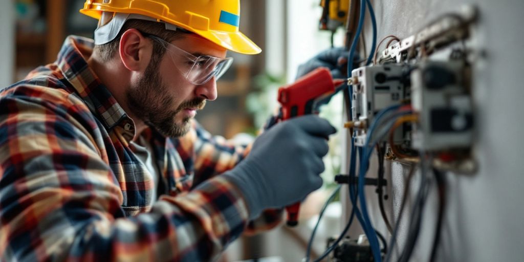 Electrician inspecting wiring with safety gear and tools.