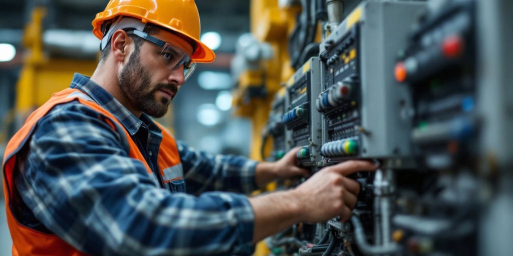 Operator inspecting electrical components on heavy machinery.